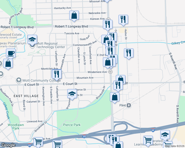 map of restaurants, bars, coffee shops, grocery stores, and more near 701 Greenfield Avenue in Flint