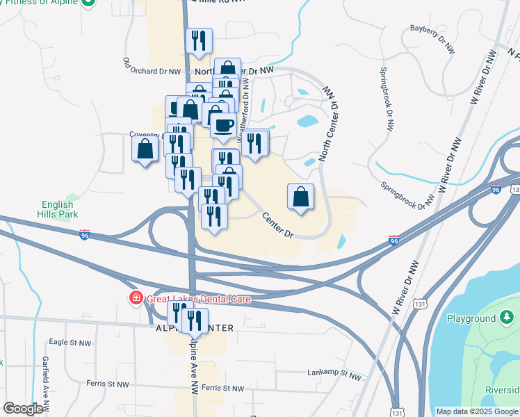 map of restaurants, bars, coffee shops, grocery stores, and more near 745 Center Drive Northwest in Walker