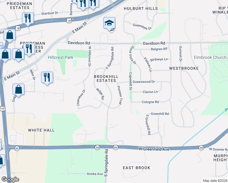 map of restaurants, bars, coffee shops, grocery stores, and more near 1115 Pioneer Trail in Waukesha