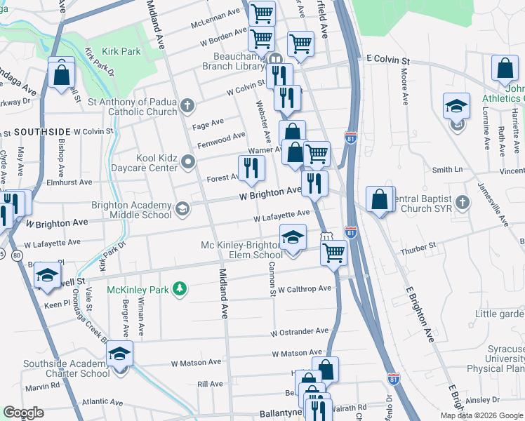 map of restaurants, bars, coffee shops, grocery stores, and more near 617 Cannon Street in Syracuse