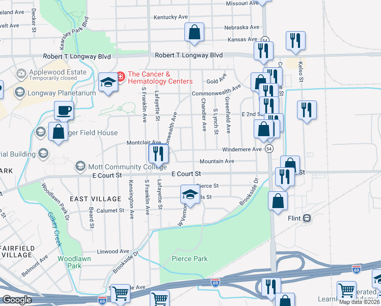 map of restaurants, bars, coffee shops, grocery stores, and more near 2201 Windemere Avenue in Flint