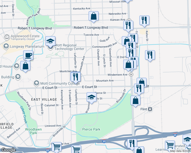map of restaurants, bars, coffee shops, grocery stores, and more near 2208 Windemere Avenue in Flint