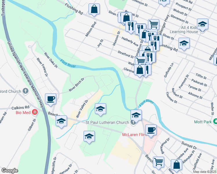 map of restaurants, bars, coffee shops, grocery stores, and more near 1184 River Valley Drive in Flint