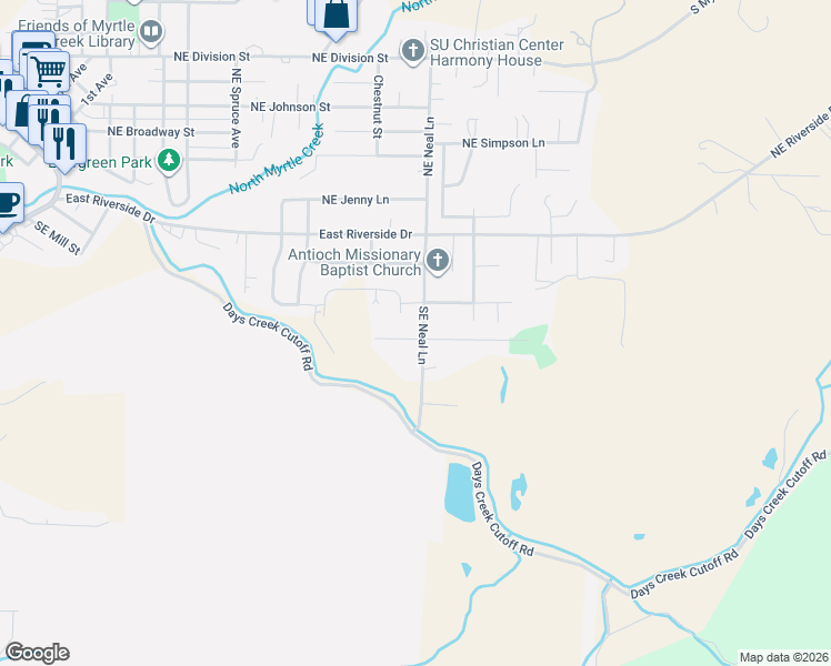 map of restaurants, bars, coffee shops, grocery stores, and more near 989 Fairway Dr in Myrtle Creek