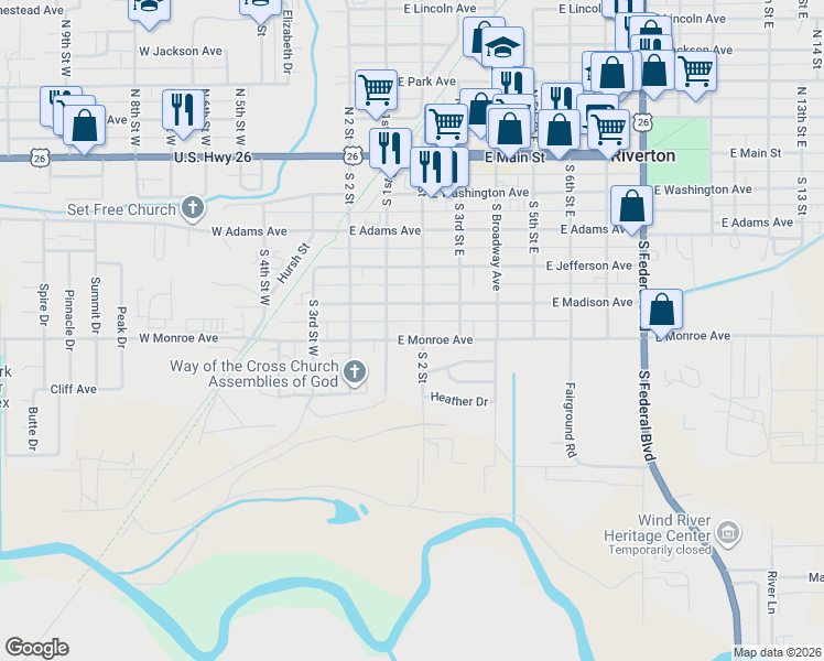 map of restaurants, bars, coffee shops, grocery stores, and more near 107 East Madison Avenue in Riverton