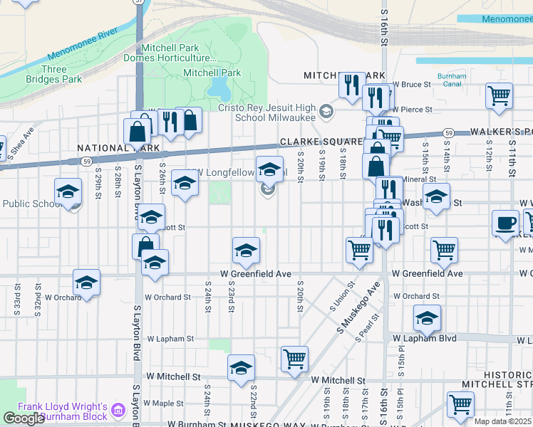 map of restaurants, bars, coffee shops, grocery stores, and more near 1021 South 21st Street in Milwaukee