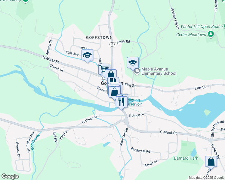 map of restaurants, bars, coffee shops, grocery stores, and more near 10 Main Street in Goffstown