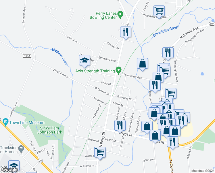 map of restaurants, bars, coffee shops, grocery stores, and more near 8 Irving Street in Johnstown