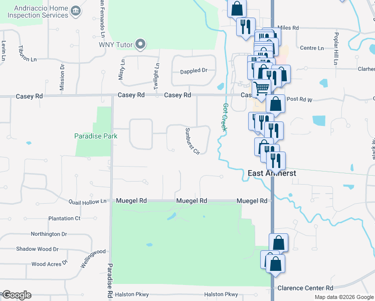 map of restaurants, bars, coffee shops, grocery stores, and more near 153 Sunburst Circle in East Amherst