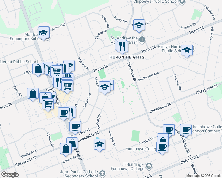 map of restaurants, bars, coffee shops, grocery stores, and more near 1363 Michael Circle in London