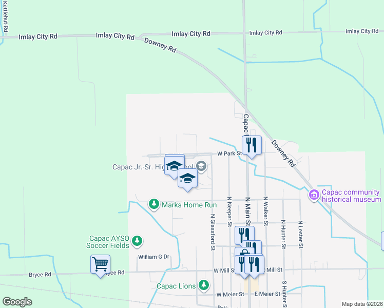 map of restaurants, bars, coffee shops, grocery stores, and more near 15100 West Park Street in Capac