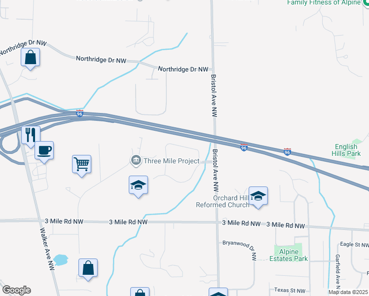 map of restaurants, bars, coffee shops, grocery stores, and more near 2955 Bristol Avenue Northwest in Grand Rapids