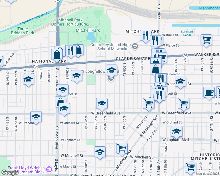map of restaurants, bars, coffee shops, grocery stores, and more near 1034 South 22nd Street in Milwaukee
