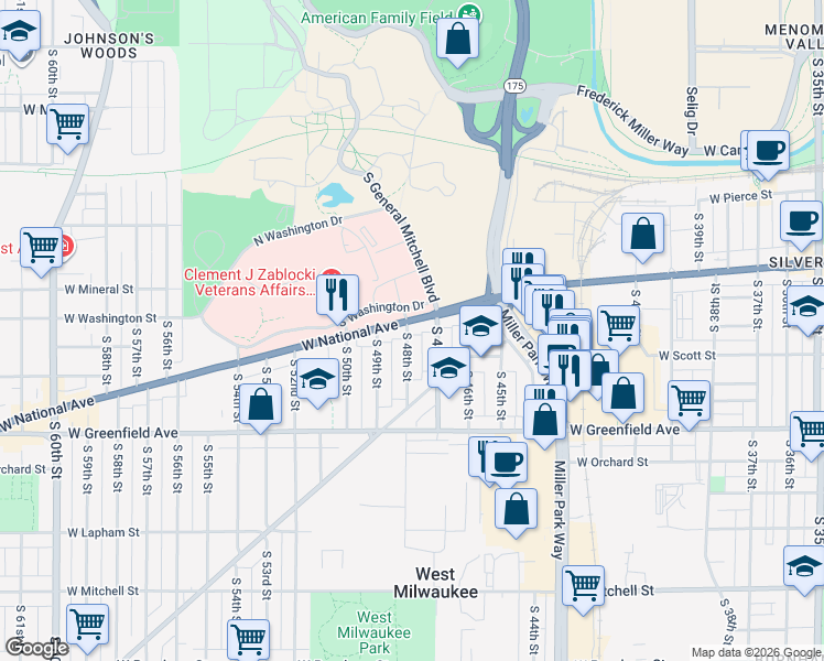 map of restaurants, bars, coffee shops, grocery stores, and more near 4733 Wisconsin 59 in Milwaukee