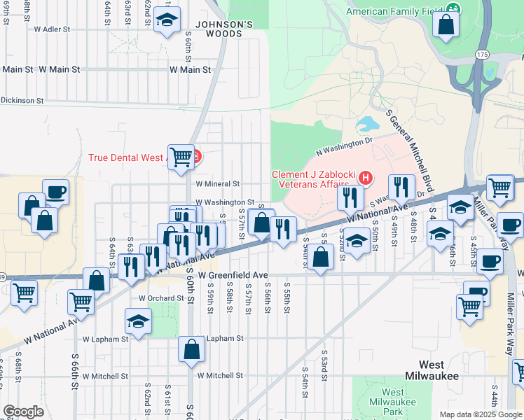 map of restaurants, bars, coffee shops, grocery stores, and more near 1102 South 56th Street in West Allis