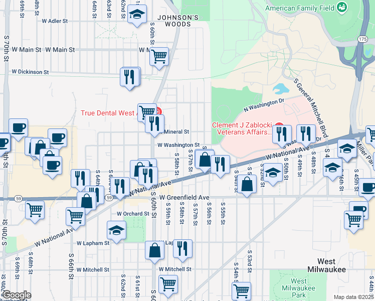 map of restaurants, bars, coffee shops, grocery stores, and more near 1100 South 57th Street in West Allis