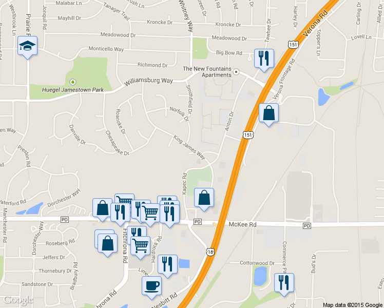 map of restaurants, bars, coffee shops, grocery stores, and more near 2957 King James Way in Fitchburg