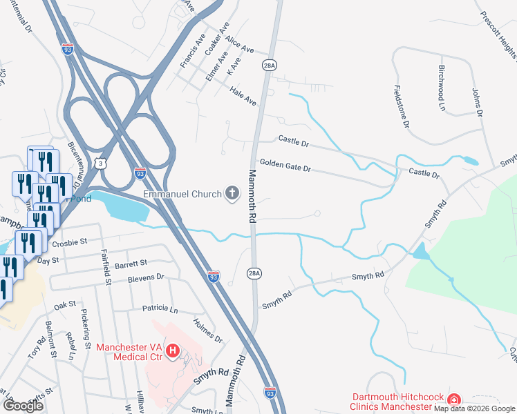map of restaurants, bars, coffee shops, grocery stores, and more near 19 Mammoth Road in Hooksett