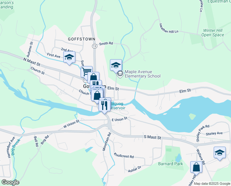 map of restaurants, bars, coffee shops, grocery stores, and more near 3 Reed Street in Goffstown