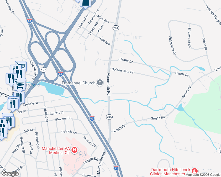 map of restaurants, bars, coffee shops, grocery stores, and more near 19 Mammoth Road in Hooksett