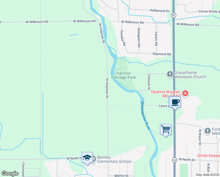map of restaurants, bars, coffee shops, grocery stores, and more near 1596 North Chipman Street in Owosso