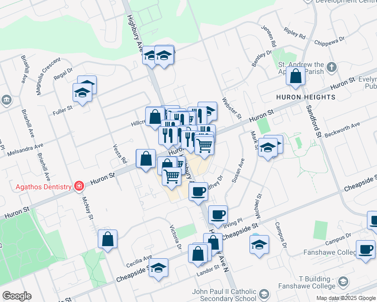 map of restaurants, bars, coffee shops, grocery stores, and more near 1331 Huron Street in London