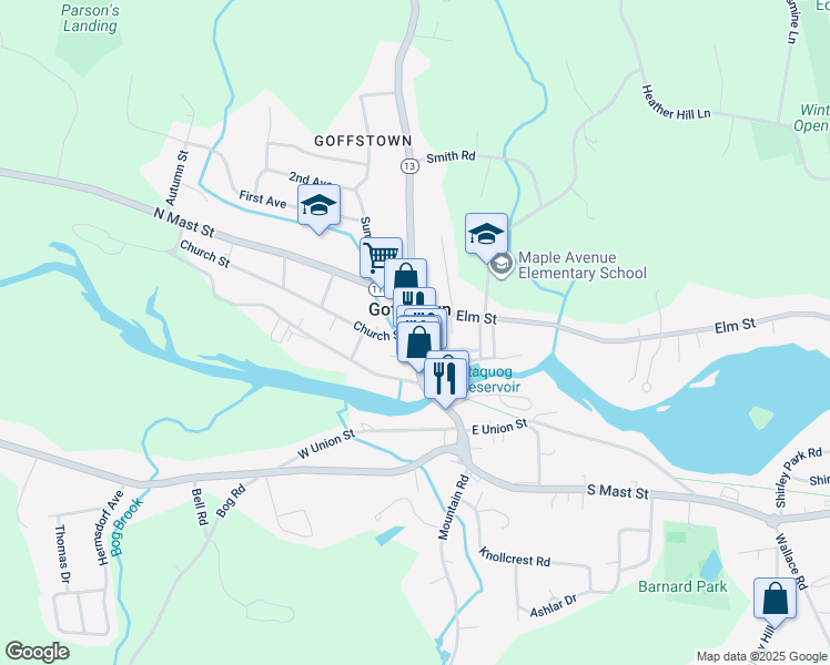 map of restaurants, bars, coffee shops, grocery stores, and more near 2 Church Street in Goffstown