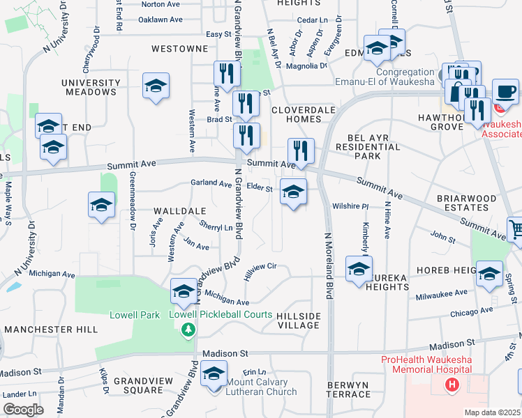 map of restaurants, bars, coffee shops, grocery stores, and more near 1701 Elder Street in Waukesha
