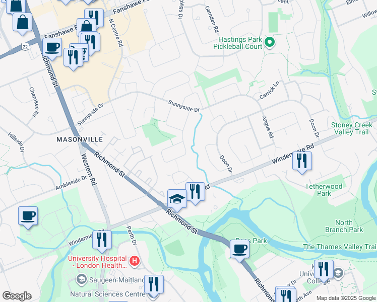 map of restaurants, bars, coffee shops, grocery stores, and more near 155 Carriage Hill Drive in London