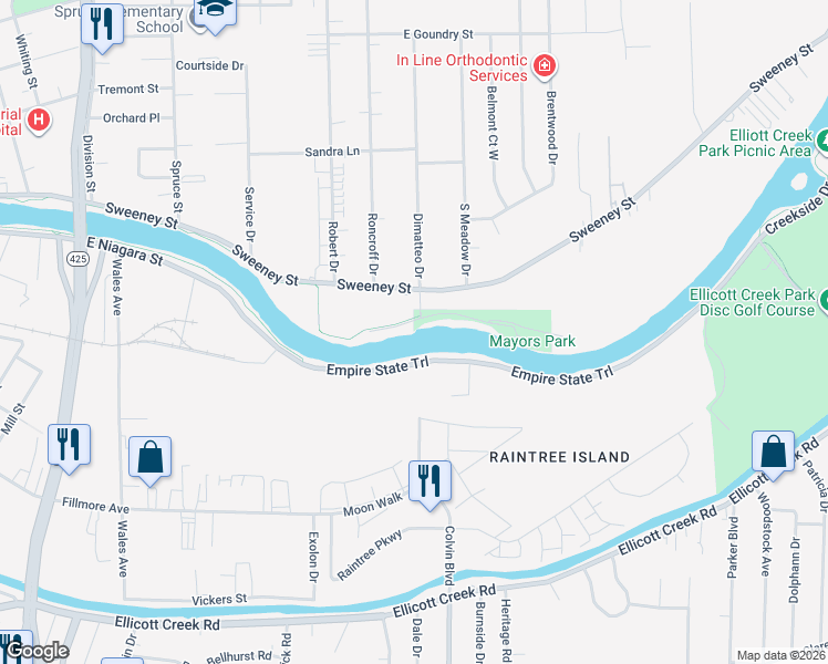 map of restaurants, bars, coffee shops, grocery stores, and more near 14 Canal Front Mayors Park in North Tonawanda