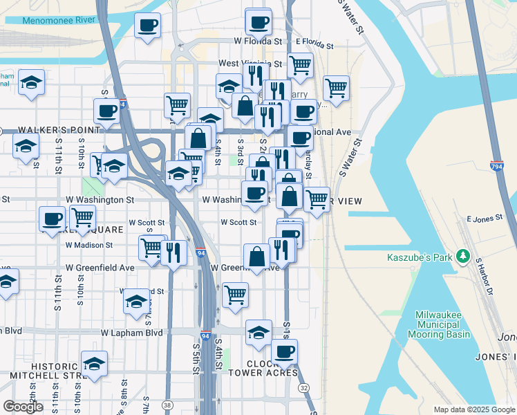 map of restaurants, bars, coffee shops, grocery stores, and more near 229 West Washington Street in Milwaukee