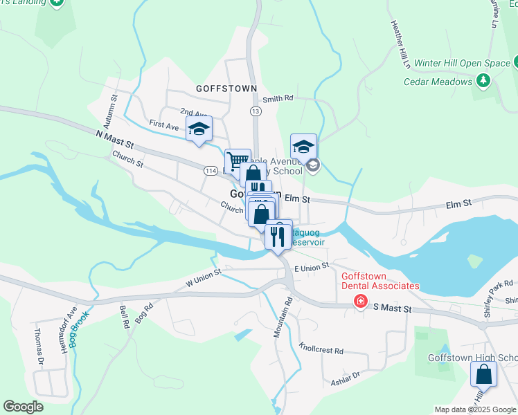 map of restaurants, bars, coffee shops, grocery stores, and more near 10 Main Street in Goffstown