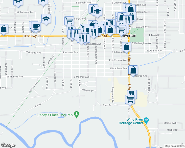 map of restaurants, bars, coffee shops, grocery stores, and more near 316 East Monroe Avenue in Riverton