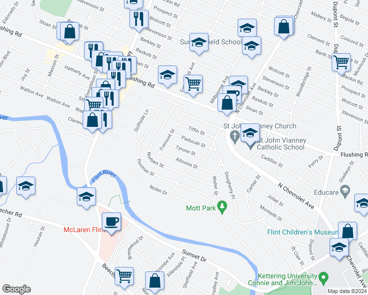 map of restaurants, bars, coffee shops, grocery stores, and more near 2544 Tyrone Street in Flint