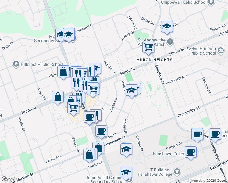 map of restaurants, bars, coffee shops, grocery stores, and more near 120 Susan Avenue in London