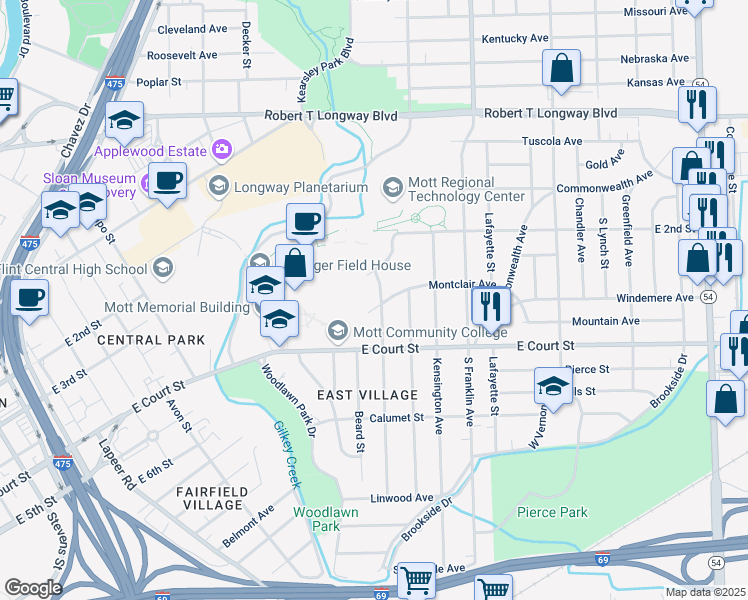 map of restaurants, bars, coffee shops, grocery stores, and more near 638 Maxine Street in Flint