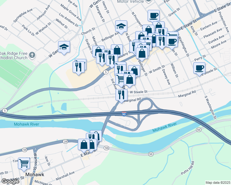 map of restaurants, bars, coffee shops, grocery stores, and more near 209 Third Avenue in Herkimer