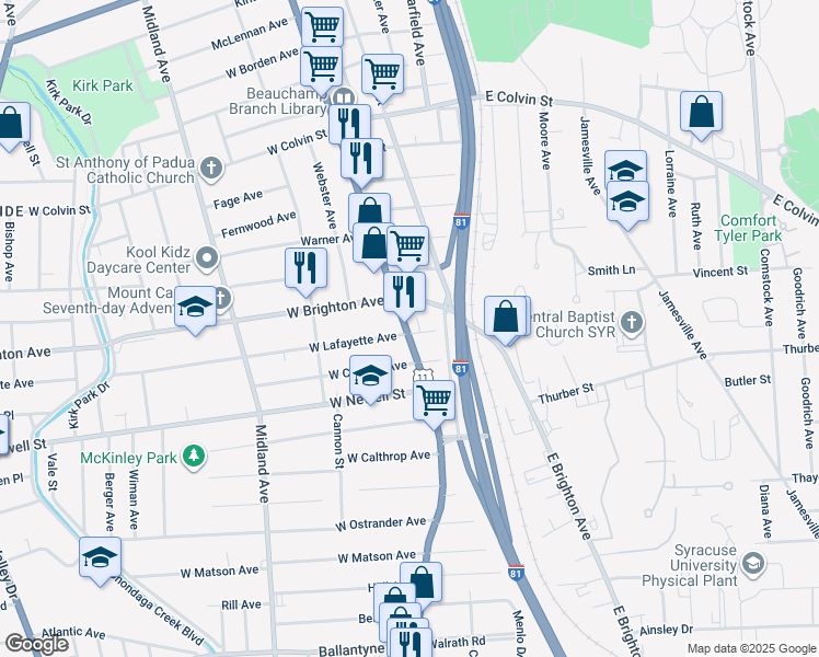 map of restaurants, bars, coffee shops, grocery stores, and more near 2842-46 South Salina Street in Syracuse