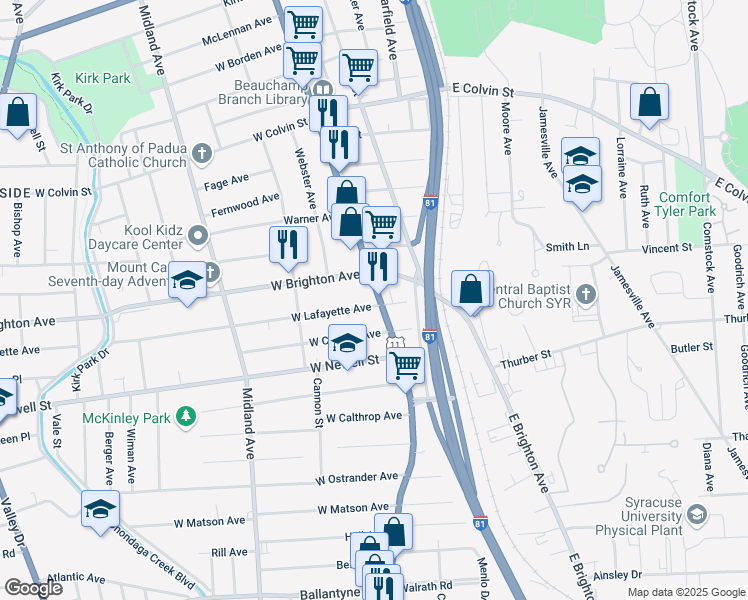 map of restaurants, bars, coffee shops, grocery stores, and more near 2842-46 South Salina Street in Syracuse