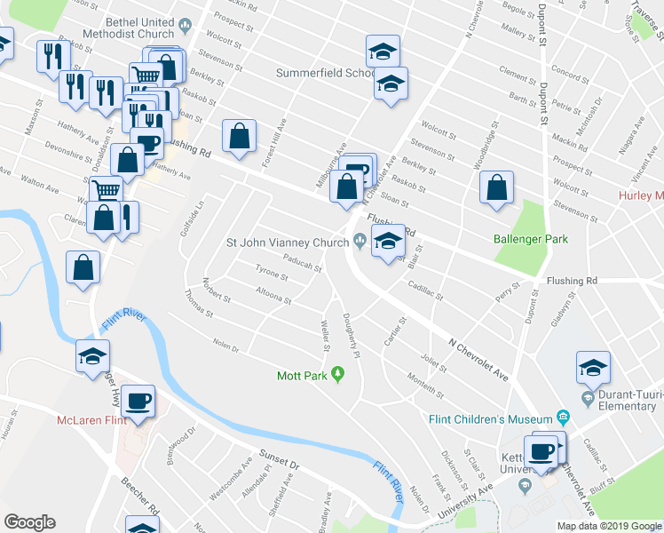 map of restaurants, bars, coffee shops, grocery stores, and more near 1045 North Chevrolet Avenue in Flint