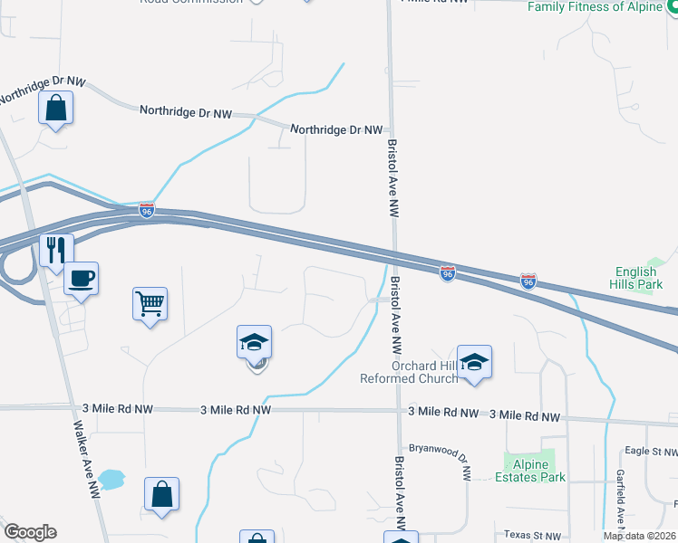map of restaurants, bars, coffee shops, grocery stores, and more near 2955 Bristol Avenue Northwest in Grand Rapids