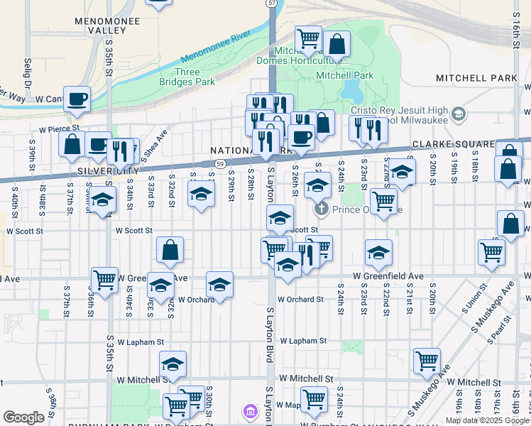 map of restaurants, bars, coffee shops, grocery stores, and more near 1113 South Layton Boulevard in Milwaukee