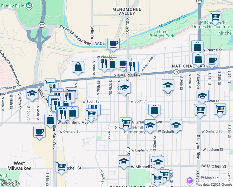 map of restaurants, bars, coffee shops, grocery stores, and more near 1028 South 36th Street in Milwaukee