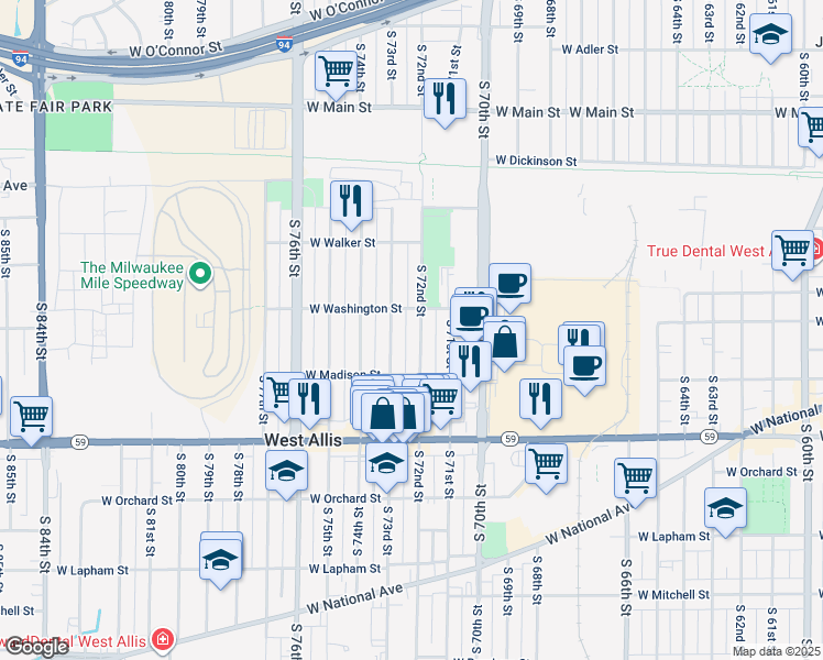 map of restaurants, bars, coffee shops, grocery stores, and more near 1114 South 73rd Street in West Allis