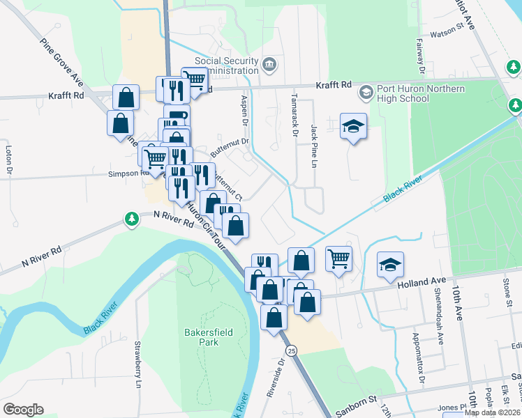 map of restaurants, bars, coffee shops, grocery stores, and more near 3880 Butternut Court in Port Huron