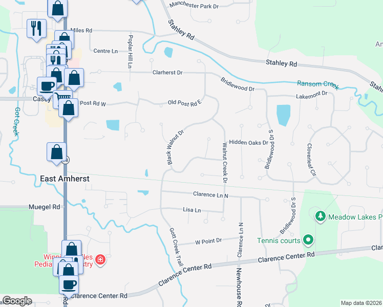 map of restaurants, bars, coffee shops, grocery stores, and more near 8386 Black Walnut Drive in East Amherst