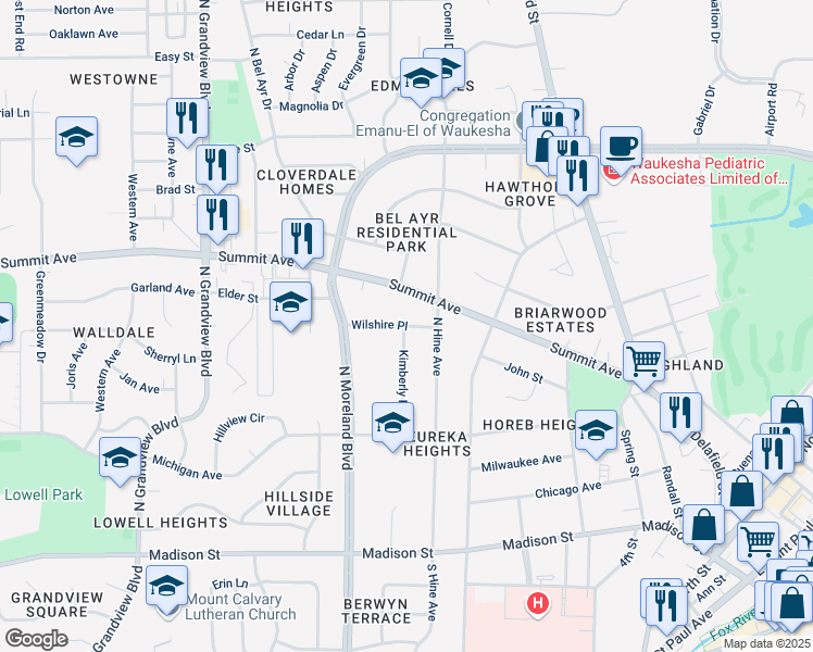 map of restaurants, bars, coffee shops, grocery stores, and more near 1122 Wilshire Pl in Waukesha