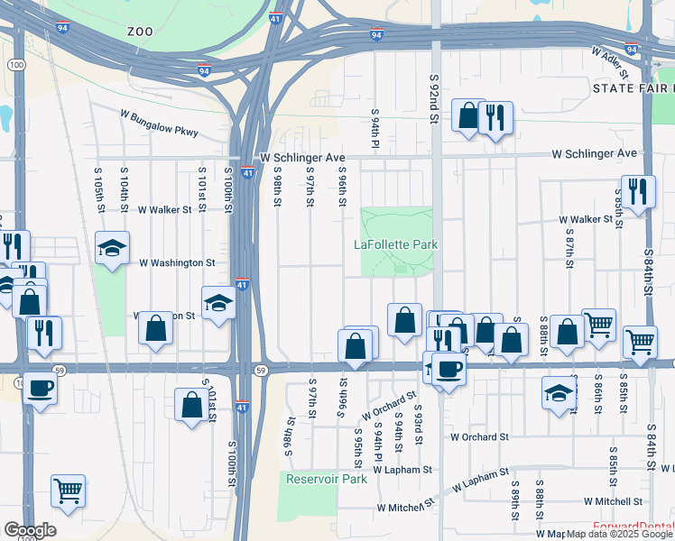 map of restaurants, bars, coffee shops, grocery stores, and more near 1115 South 96th Street in West Allis