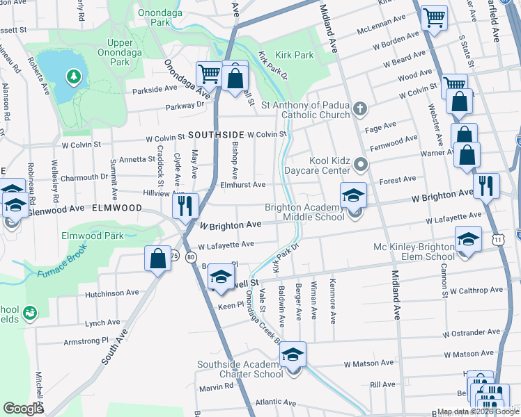 map of restaurants, bars, coffee shops, grocery stores, and more near 213 Marguerite Avenue in Syracuse