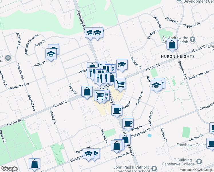 map of restaurants, bars, coffee shops, grocery stores, and more near Highbury Ave N & Huron St in London
